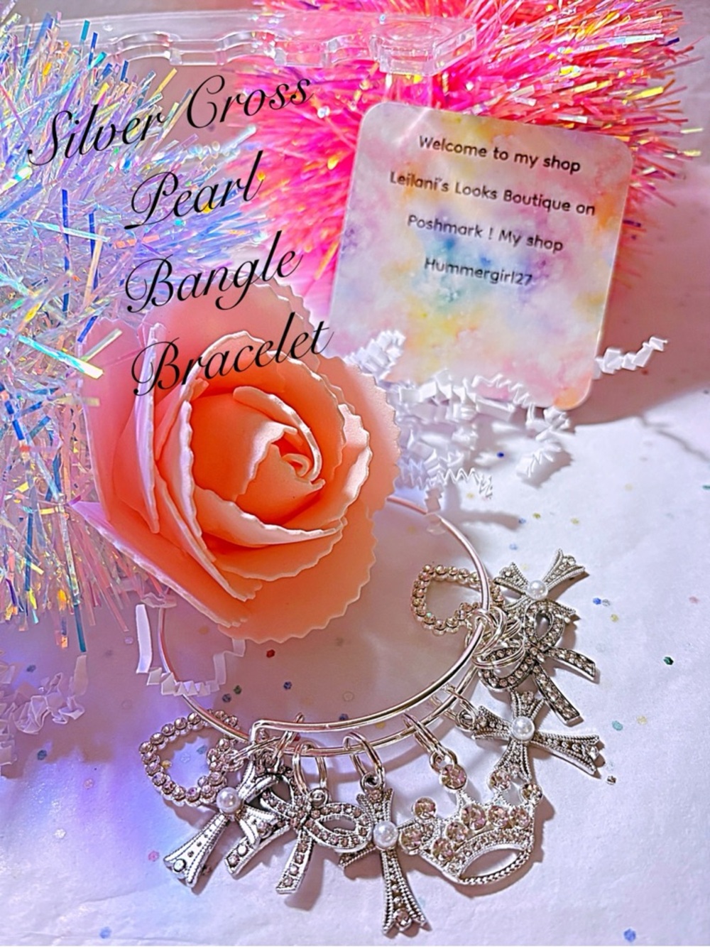 Silver bangle bracelet/silver pearl cross/girly/gifts/crown/